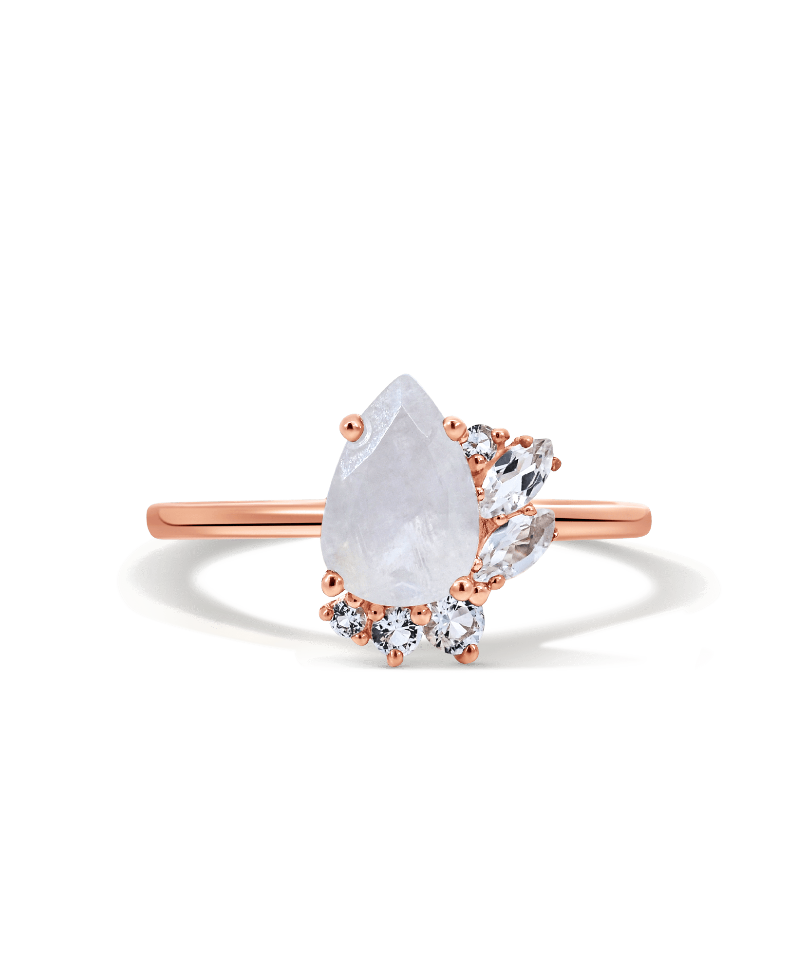 Asymmetric Ring Rainbow Moonstone & White Topaz | 14kt Rose Gold