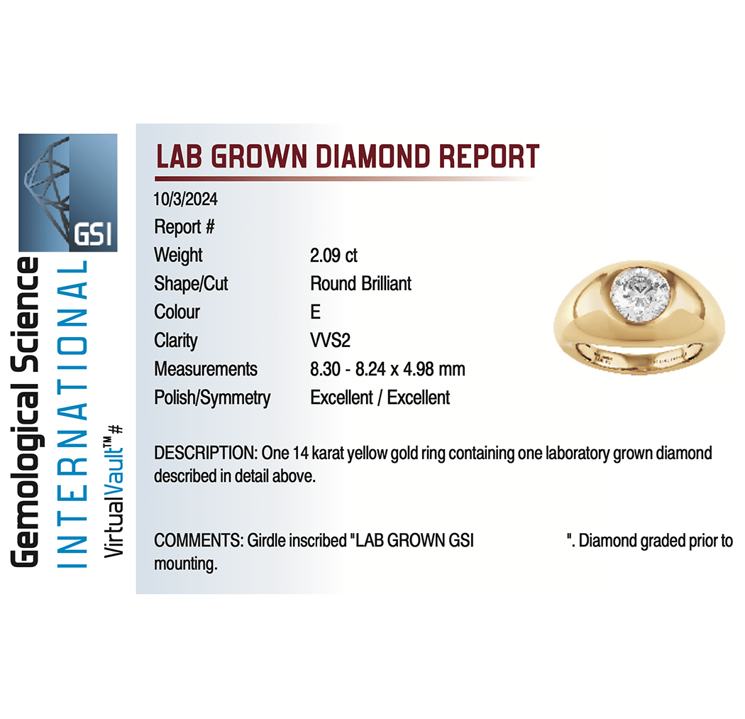 Bezel Engagement Ring 2.09 Carat Lab-grown Round Brilliant Diamond | 14kt Yellow Gold