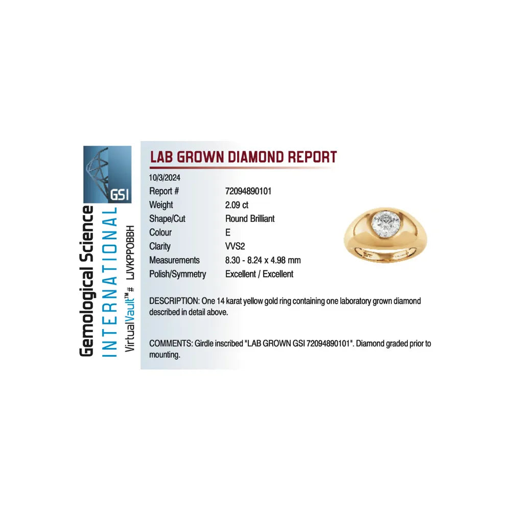 Bezel Engagement Ring 2.09 Carat Lab-grown Round Brilliant Diamond | 14kt Yellow Gold