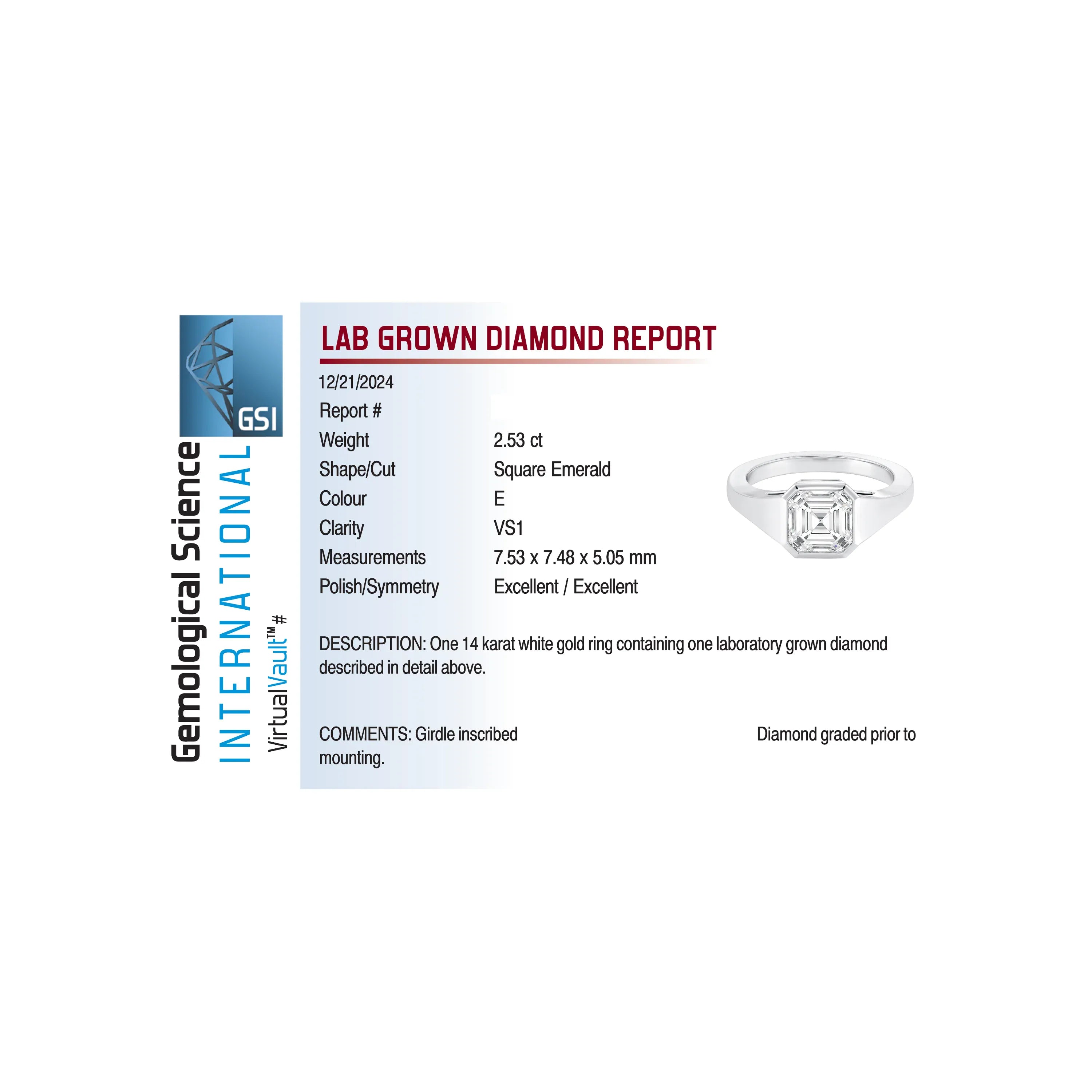 Bezel Engagement Ring 2.53 Carat Lab-grown Square Emerald Cut Diamond | 14kt White Gold