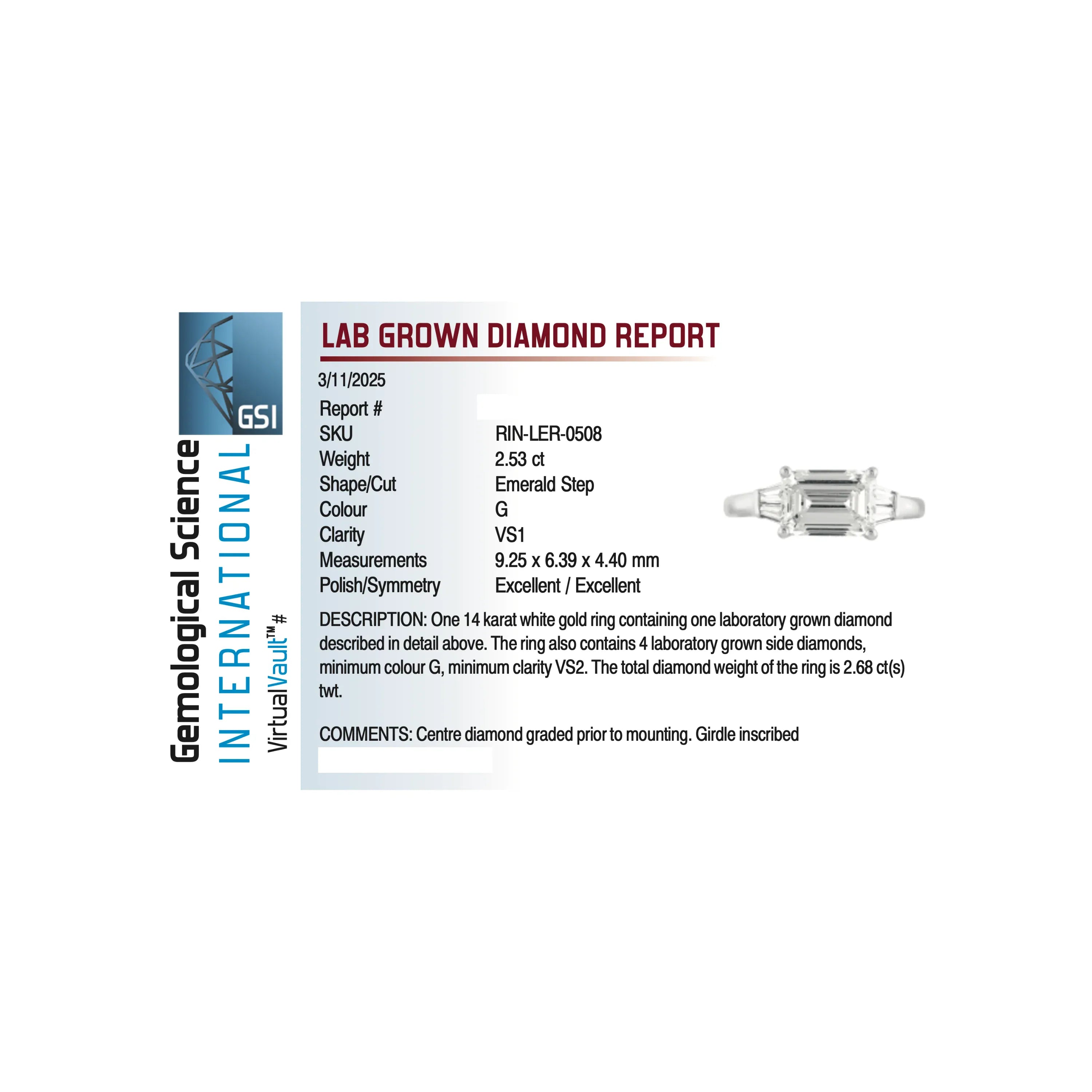 East-West Engagement Ring 2.68 Carat TW Lab-grown Emerald Cut Diamond | 14kt White Gold