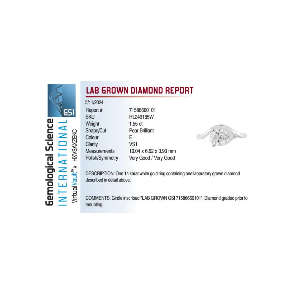 East-West Solitaire Engagement Ring 1.55 Carat Lab-grown Pear Shaped Diamond | 14kt White Gold