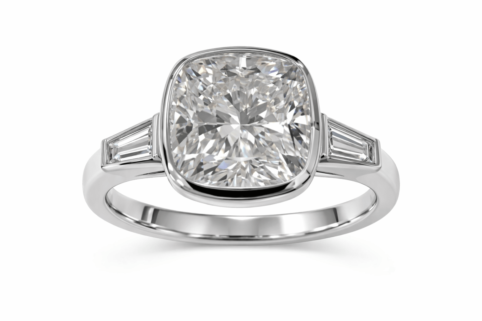 Engagement Ring 3.10 Carat TW Lab-grown Cushion Cut and Tapered Baguette Diamonds | 14kt White Gold