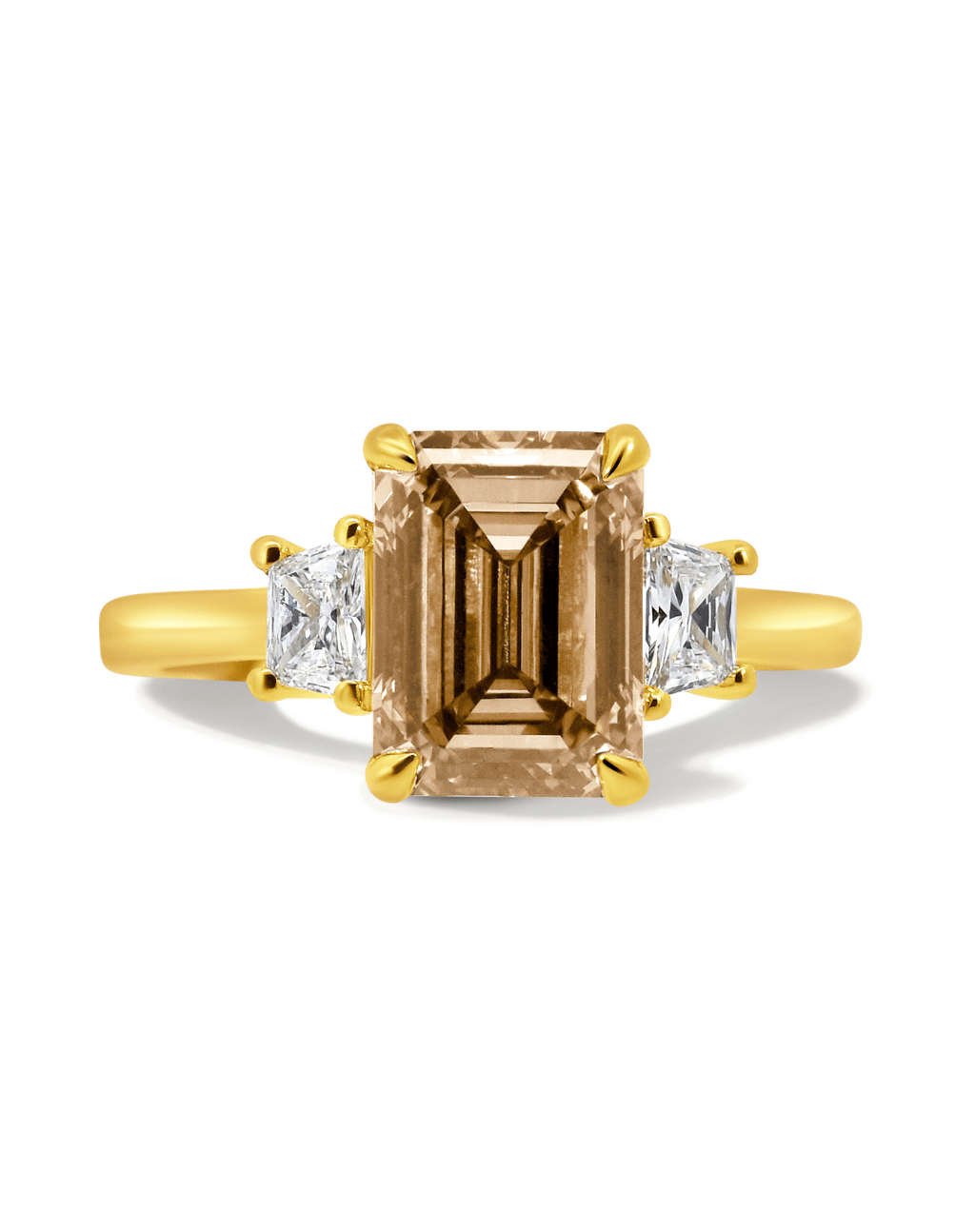 Engagement Ring 3.39 Carat TW Lab-grown Emerald Cut Champagne and Trapezoid Diamonds | 14kt Yellow Gold