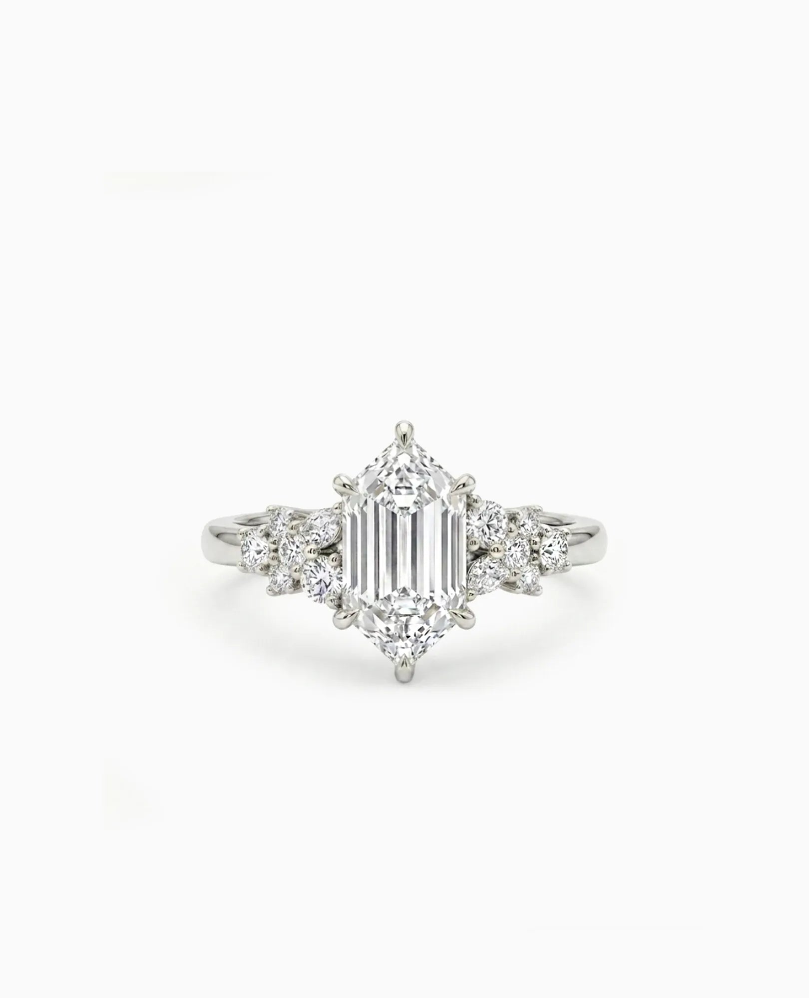 Engagement Ring 3.54 Carat TW Lab-grown Long Hexagon, Marquise and RB Diamonds | 14kt White Gold
