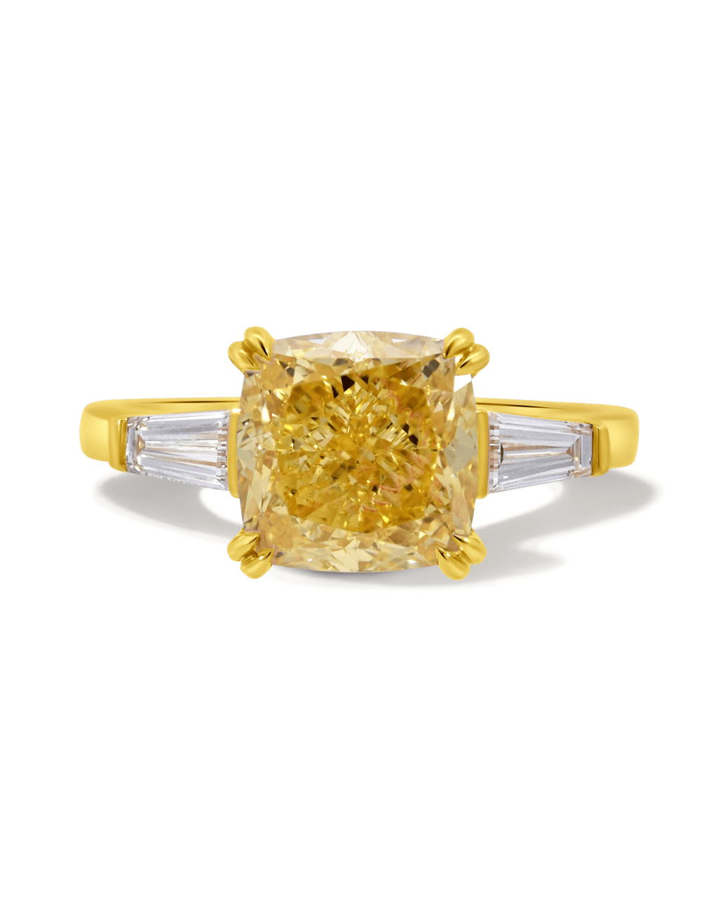 Engagement Ring 4.54 Carat TW Lab-grown Cushion Cut Yellow and Tapered Baguette Diamonds | 14kt Yellow Gold