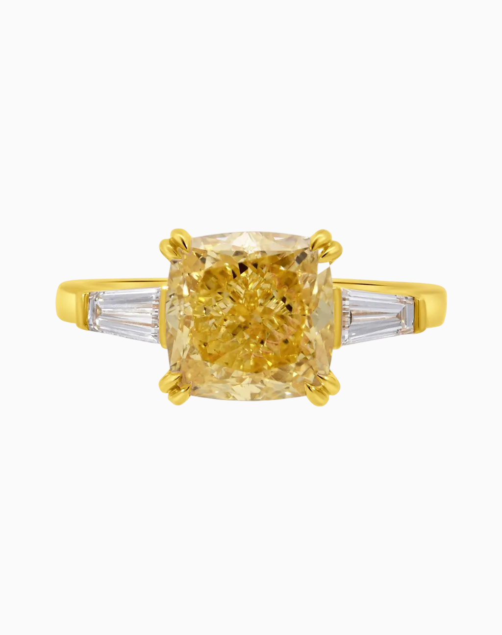 Engagement Ring 4.54 Carat TW Lab-grown Cushion Cut Yellow and Tapered Baguette Diamonds | 14kt Yellow Gold