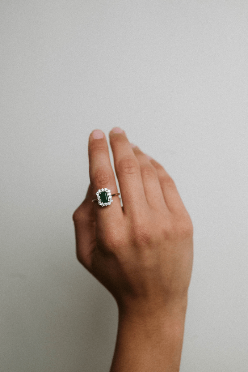 Halo Emerald Ring & .45 Carat TW Diamond | 14kt Yellow Gold