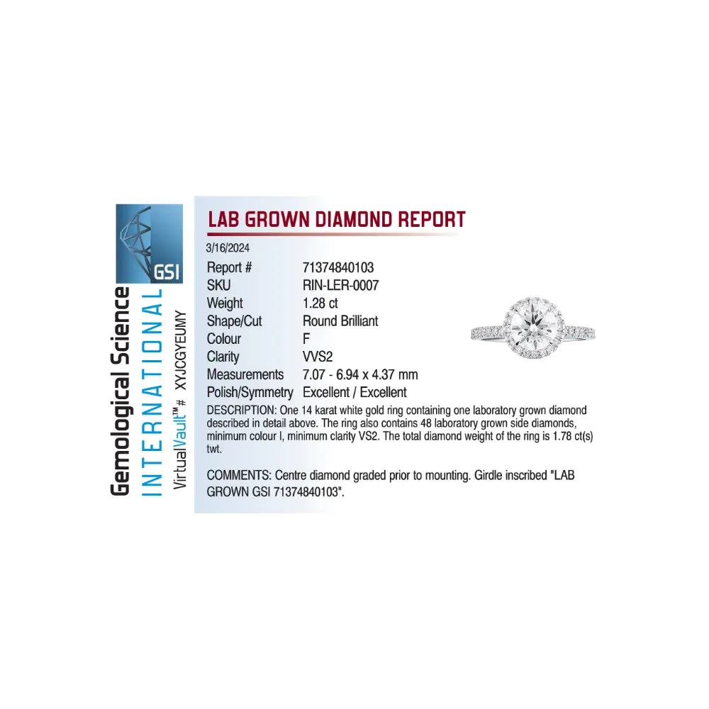 Halo Engagement Ring 1.78 Carat TW Lab-grown Round Brilliant Diamond | 14kt White Gold