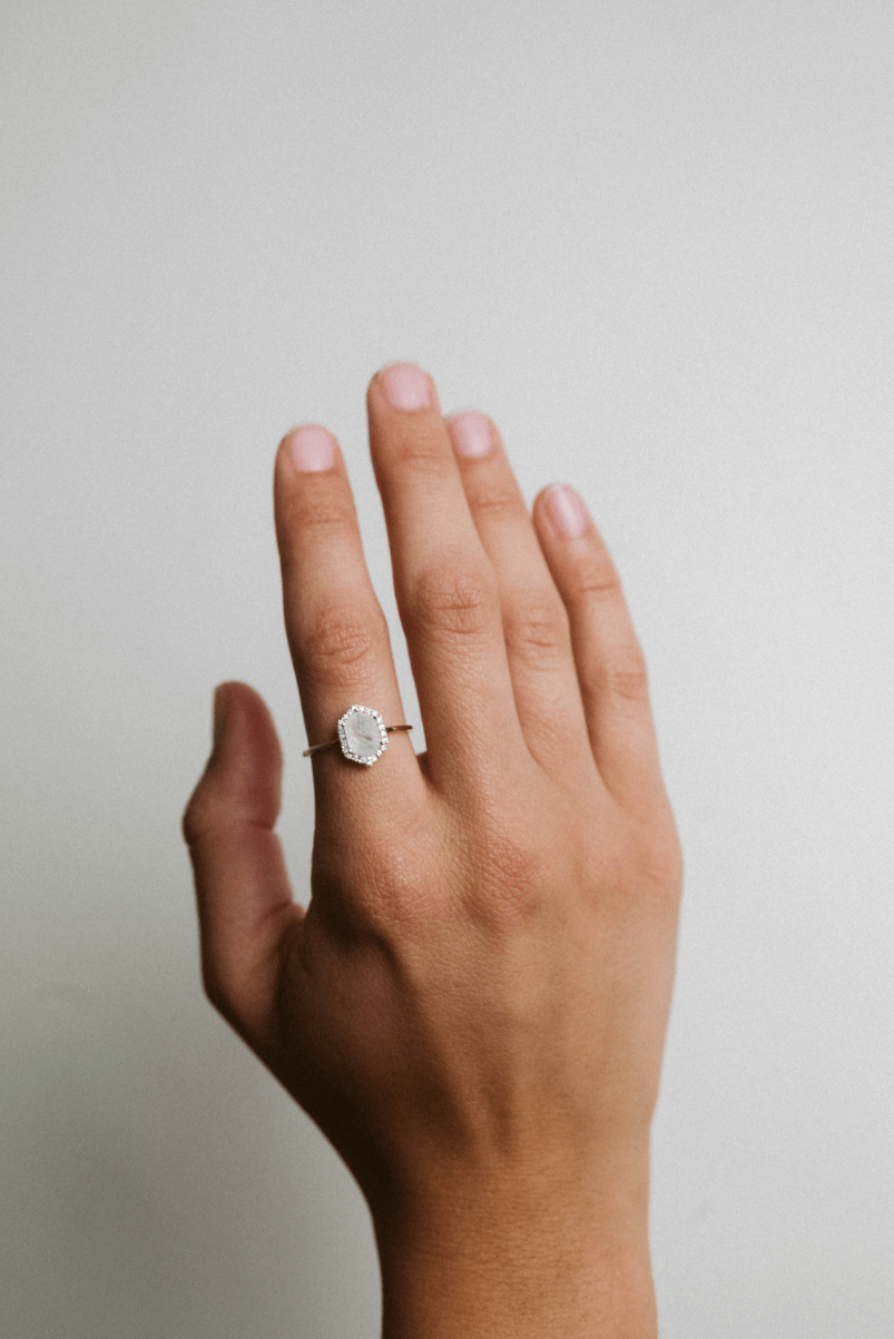 Halo Rainbow Moonstone Ring & .11 Carat TW Diamond | 14kt Yellow Gold