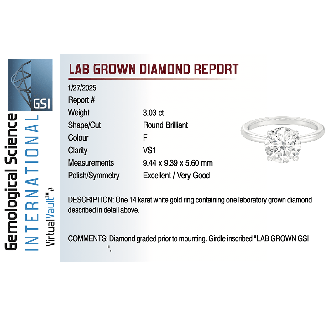 Solitaire Engagement Ring 3.03 Carat Lab-grown Round Brilliant Diamond | 14kt White Gold