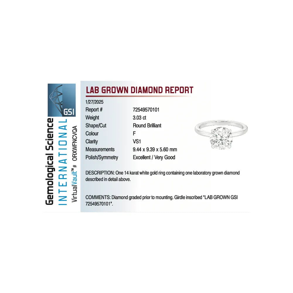 Solitaire Engagement Ring 3.03 Carat Lab-grown Round Brilliant Diamond | 14kt White Gold