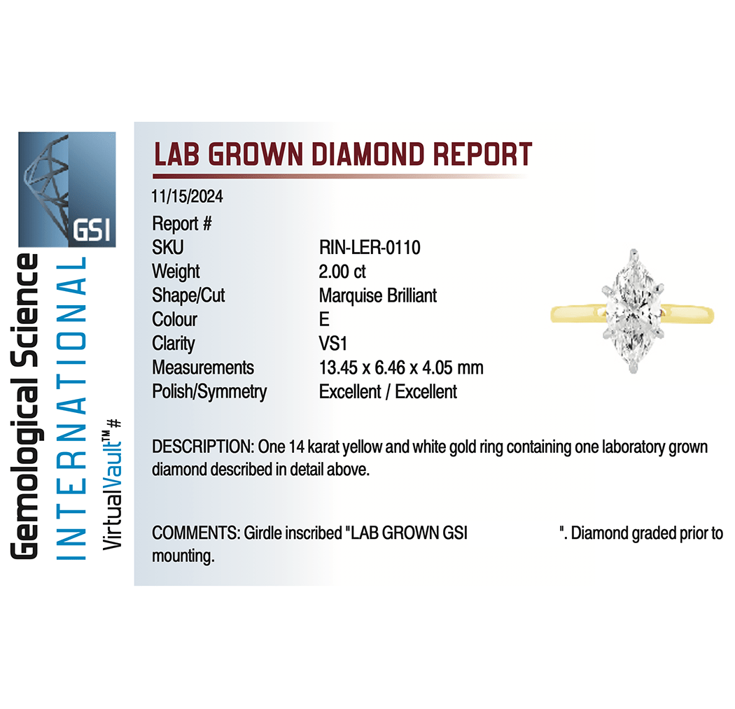 Solitaire Engagement Ring with 2.00 Carat Lab-Grown Marquise Diamond | 14kt Yellow Gold