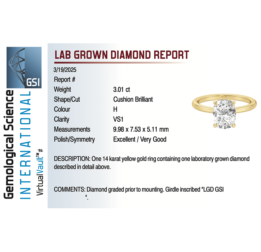 Solitaire Engagement Ring 3.02 Carat Lab-grown Cushion Diamond | 14kt Yellow Gold