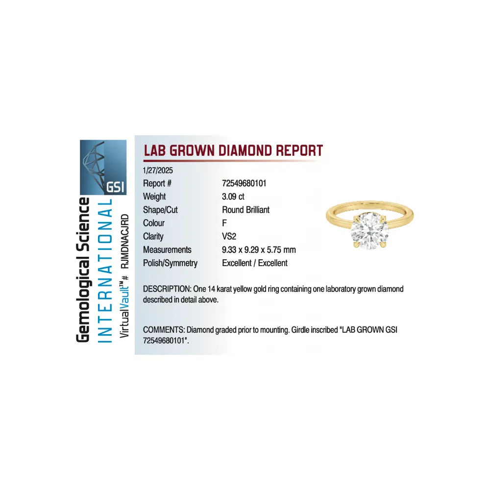 Solitaire Engagement Ring 3.09 Carat Lab-grown Round Brilliant Diamond | 14kt Yellow Gold