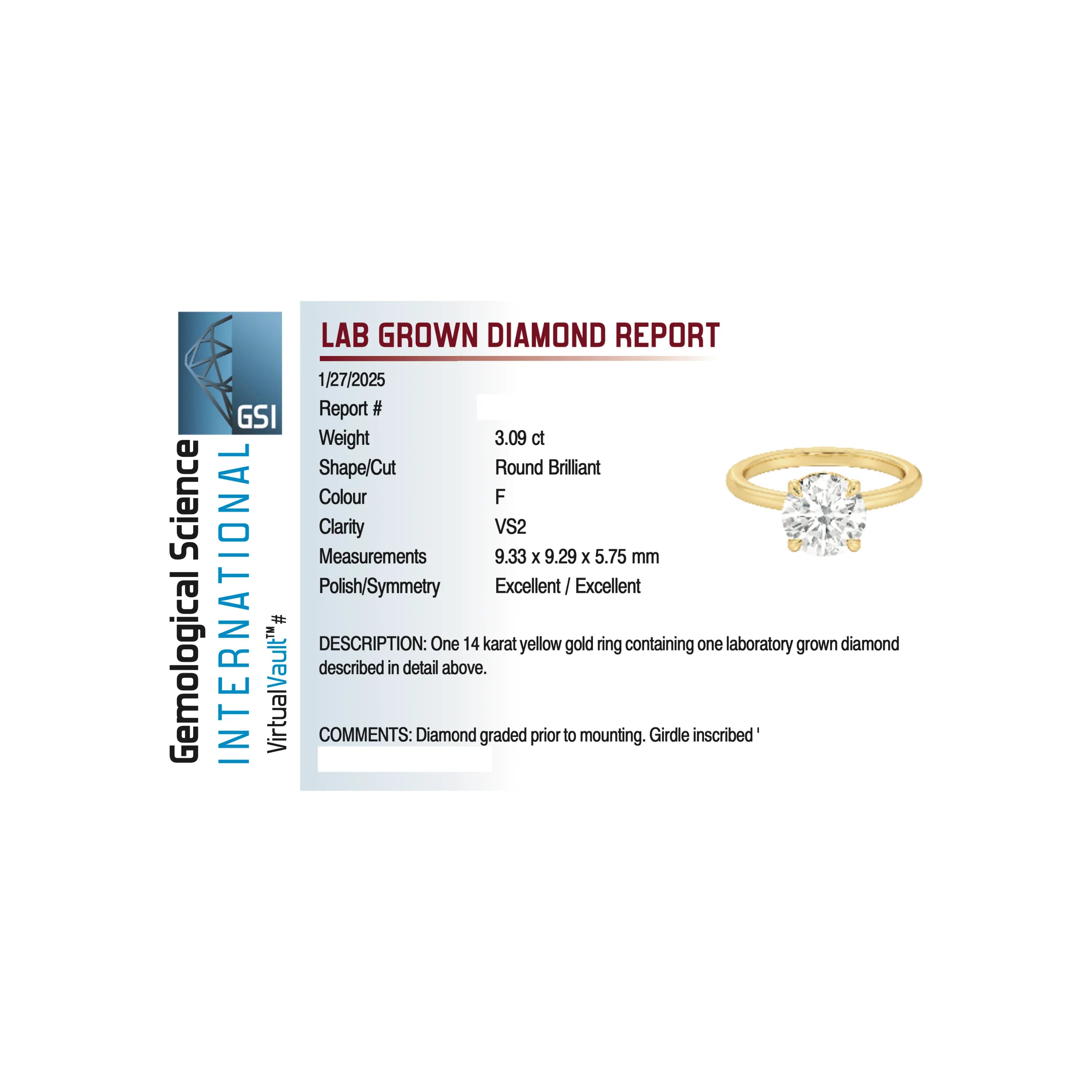 Solitaire Engagement Ring 3.09 Carat Lab-grown Round Brilliant Diamond | 14kt Yellow Gold