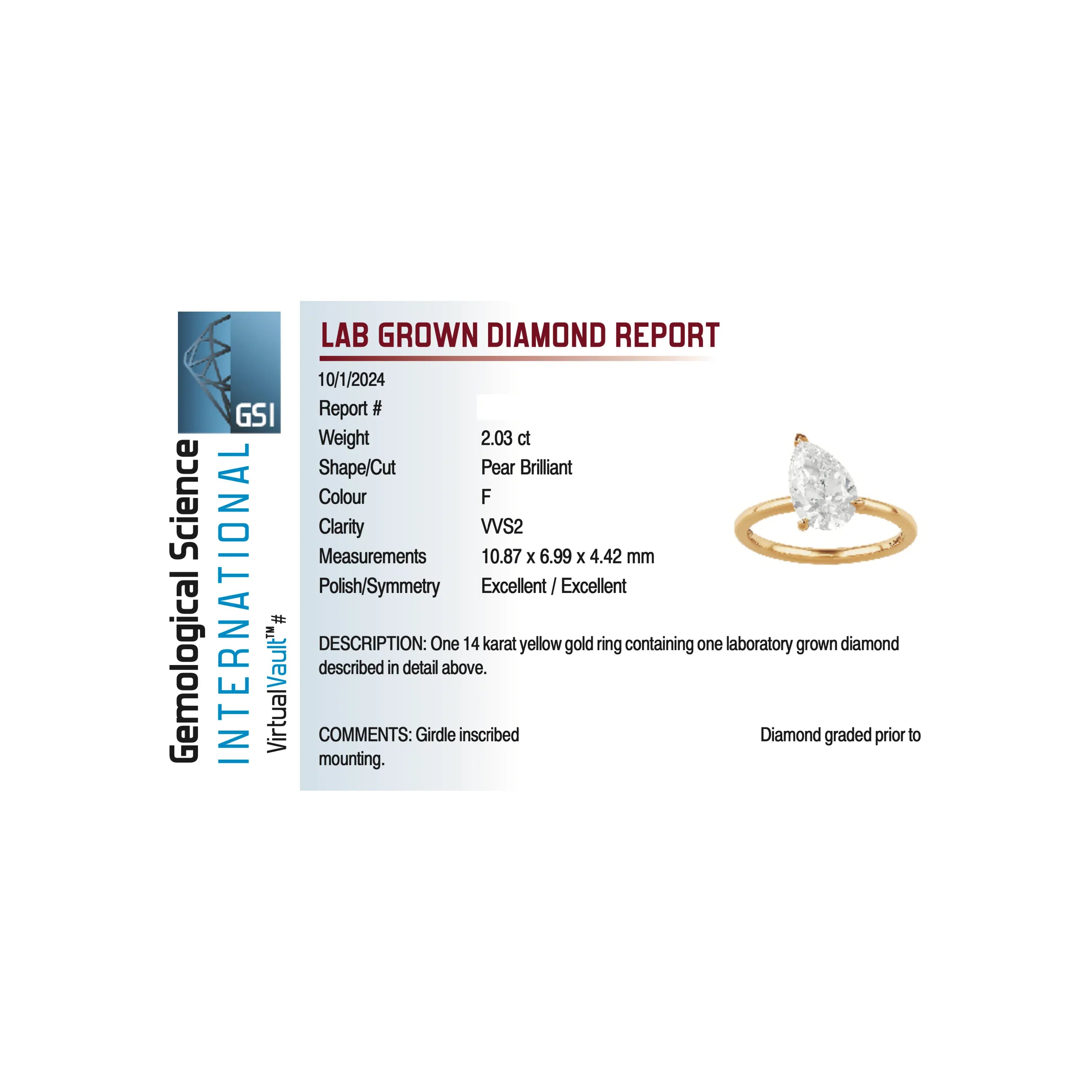 Solitaire Engagement Ring 2.03 Carat Lab-grown Pear Shape Diamond | 14kt Yellow Gold