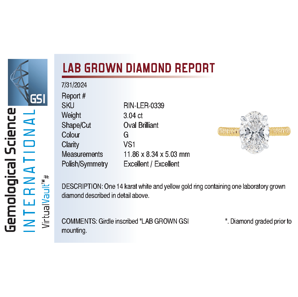 Solitaire Engagement Ring 3.00 Carat Lab-grown Oval Diamond | 14kt Yellow Gold