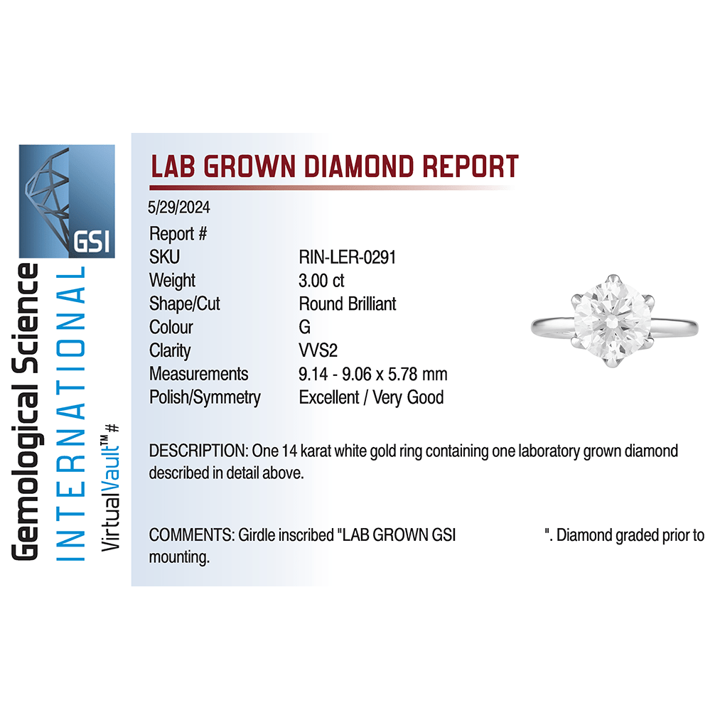 Solitaire Engagement Ring 3.00 Carat Lab-grown Round Brilliant Diamond | 14kt White Gold
