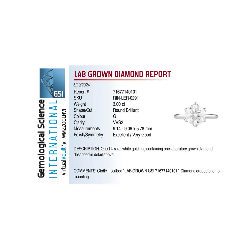 Solitaire Engagement Ring 3.00 Carat Lab-grown Round Brilliant Diamond | 14kt White Gold
