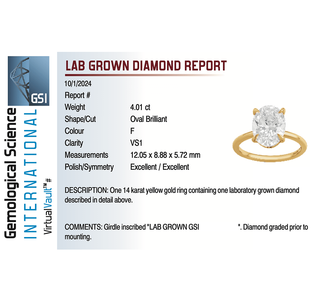 Solitaire Engagement Ring 4.01 Carat Lab-grown Oval Diamond | 14kt Yellow Gold