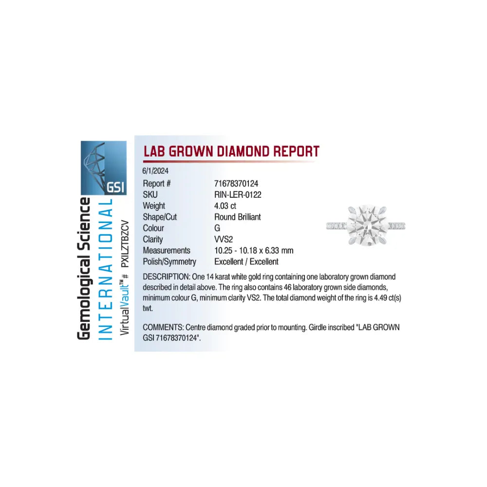 Solitaire Engagement Ring 4.46 Carat TW Lab-grown Round Brilliant Diamond | 14kt White Gold