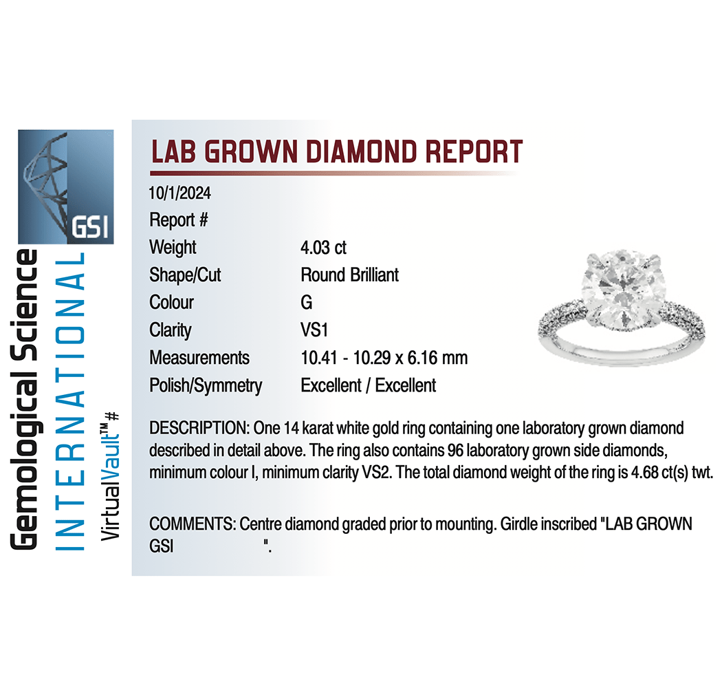 Solitaire Engagement Ring 4.68 Carat TW Lab-grown Round Brilliant Diamond | 14kt White Gold
