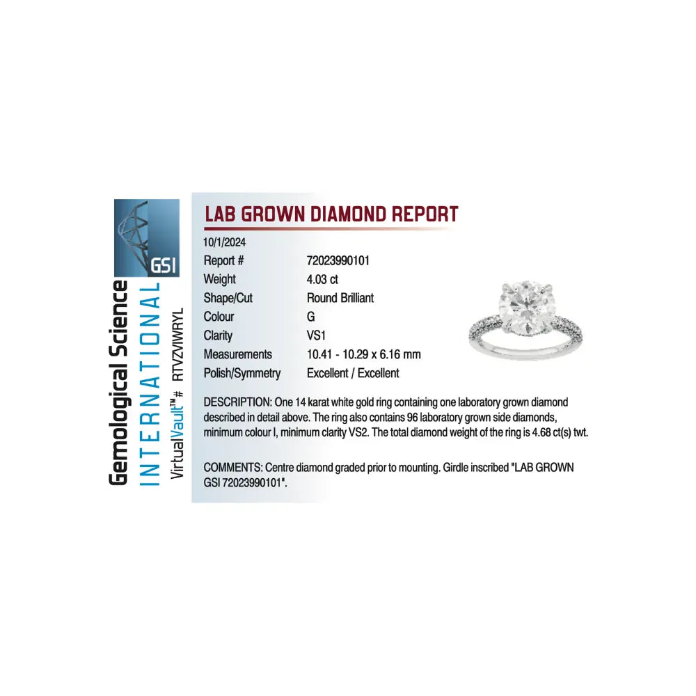 Solitaire Engagement Ring 4.68 Carat TW Lab-grown Round Brilliant Diamond | 14kt White Gold
