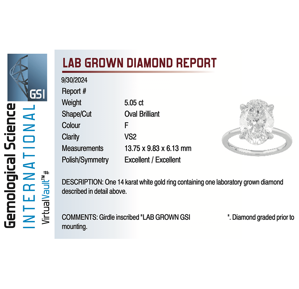 Solitaire Engagement Ring 5.05 Carat Lab-grown Oval Diamond | 14kt White Gold
