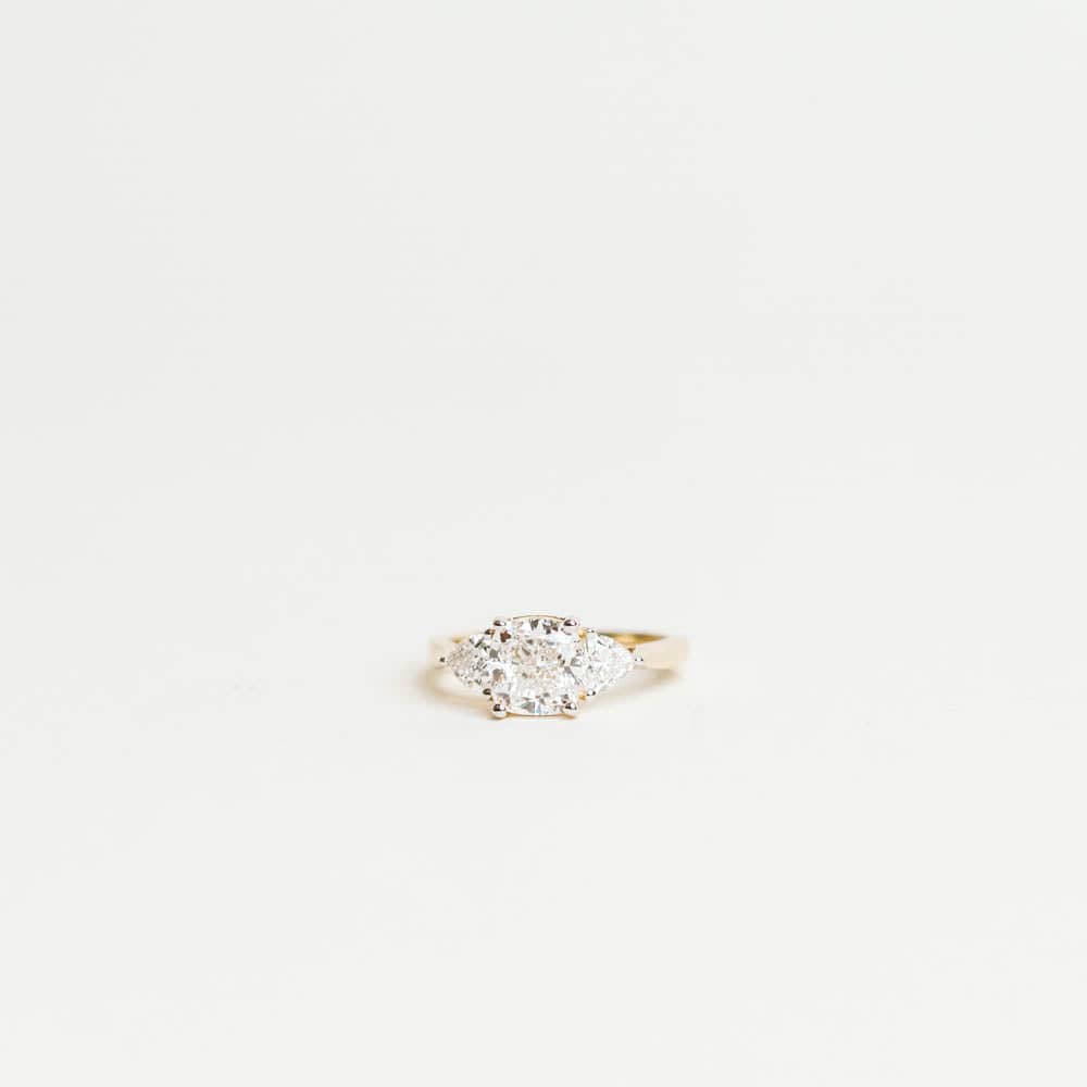 Three Stone Engagement 2.5 Carat TW Lab Grown Cushion Diamond | 14kt Yellow Gold