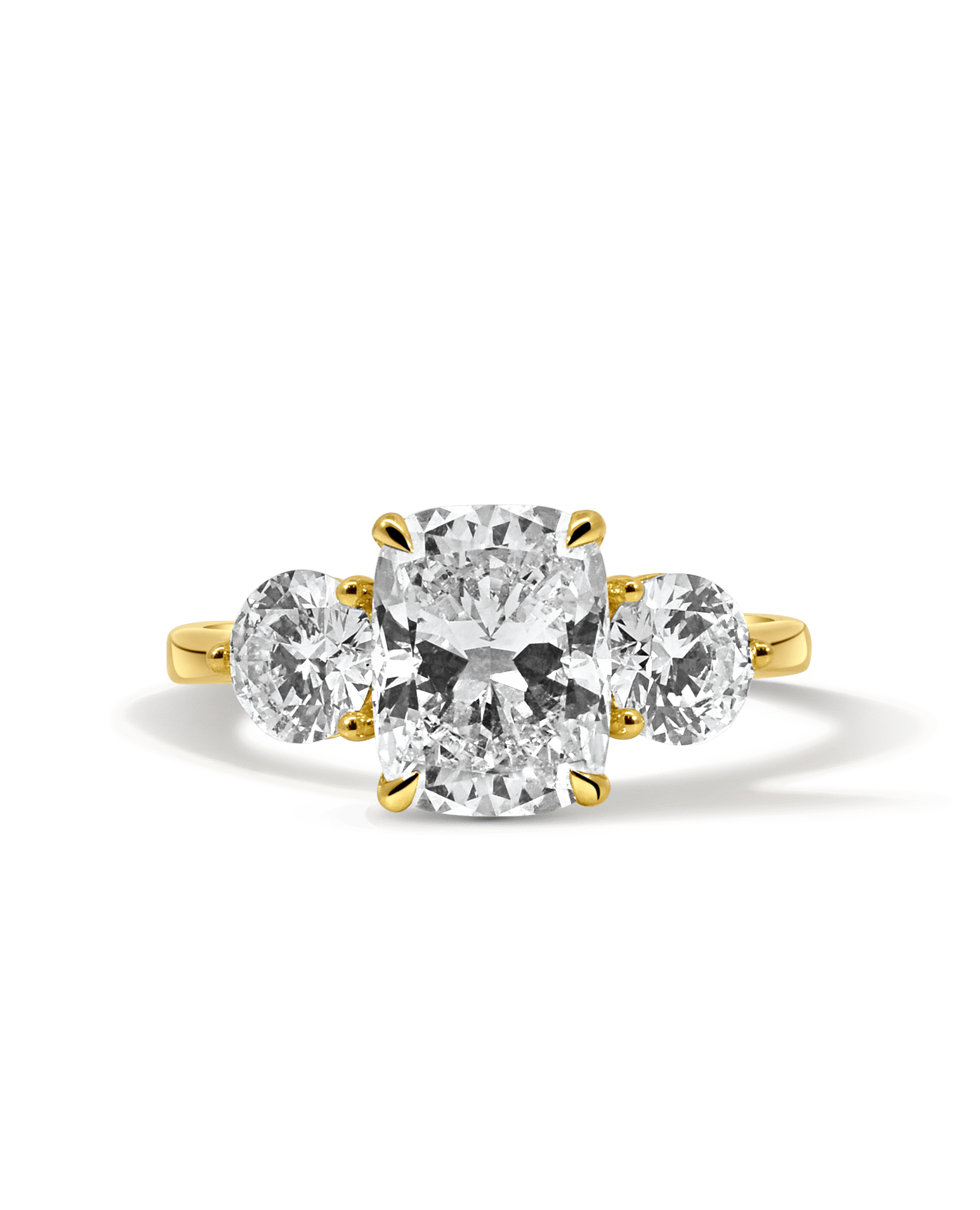 Three Stone Engagement Ring 3.50 Carat TW Lab-grown Elongated Cushion & Round Brilliant Diamond | 14kt Yellow Gold