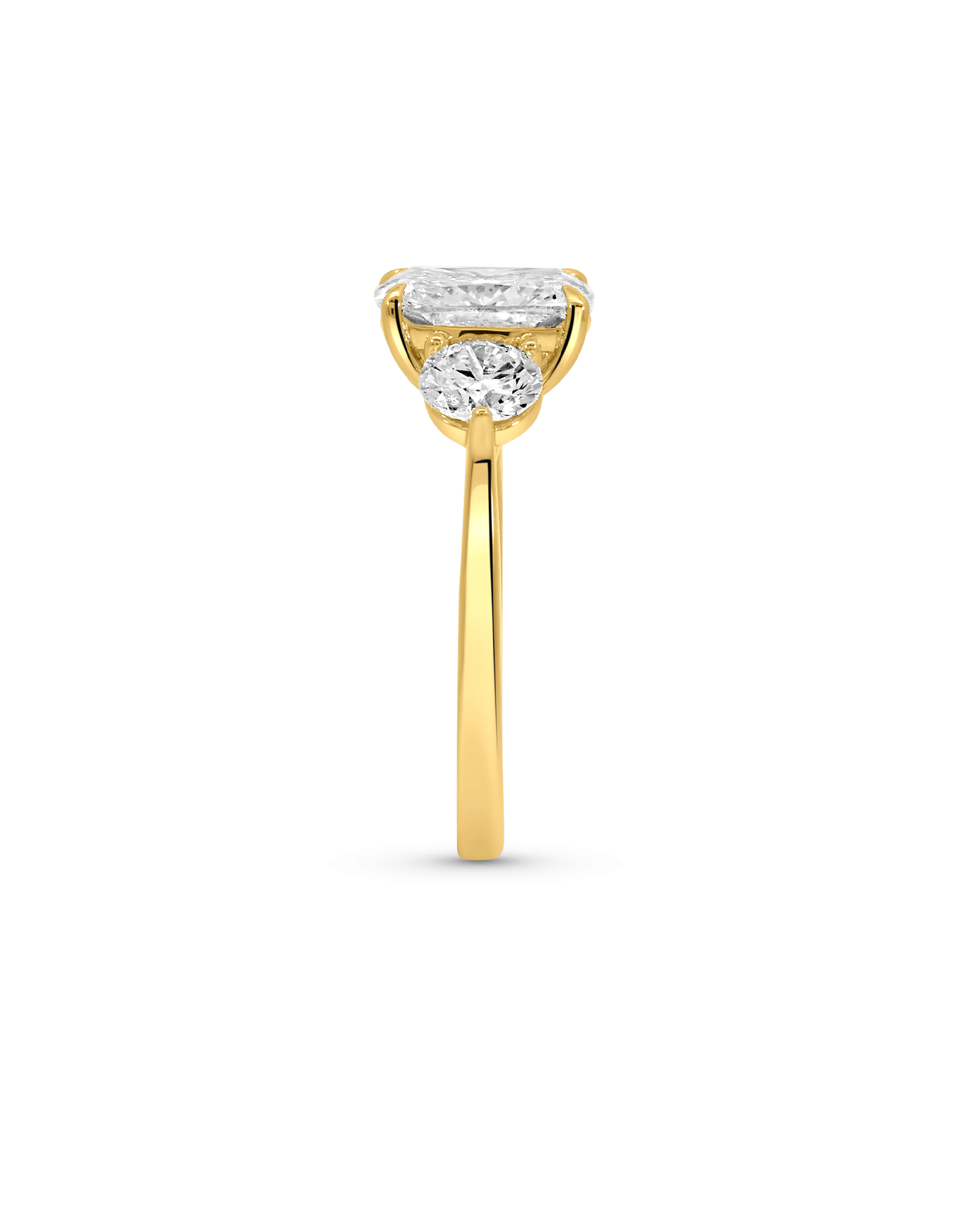 Three Stone Engagement Ring 3.50 Carat TW Lab-grown Elongated Cushion & Round Brilliant Diamond | 14kt Yellow Gold