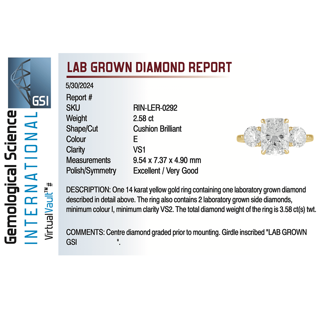 Three Stone Engagement Ring 3.50 Carat TW Lab-grown Elongated Cushion & Round Brilliant Diamond | 14kt Yellow Gold