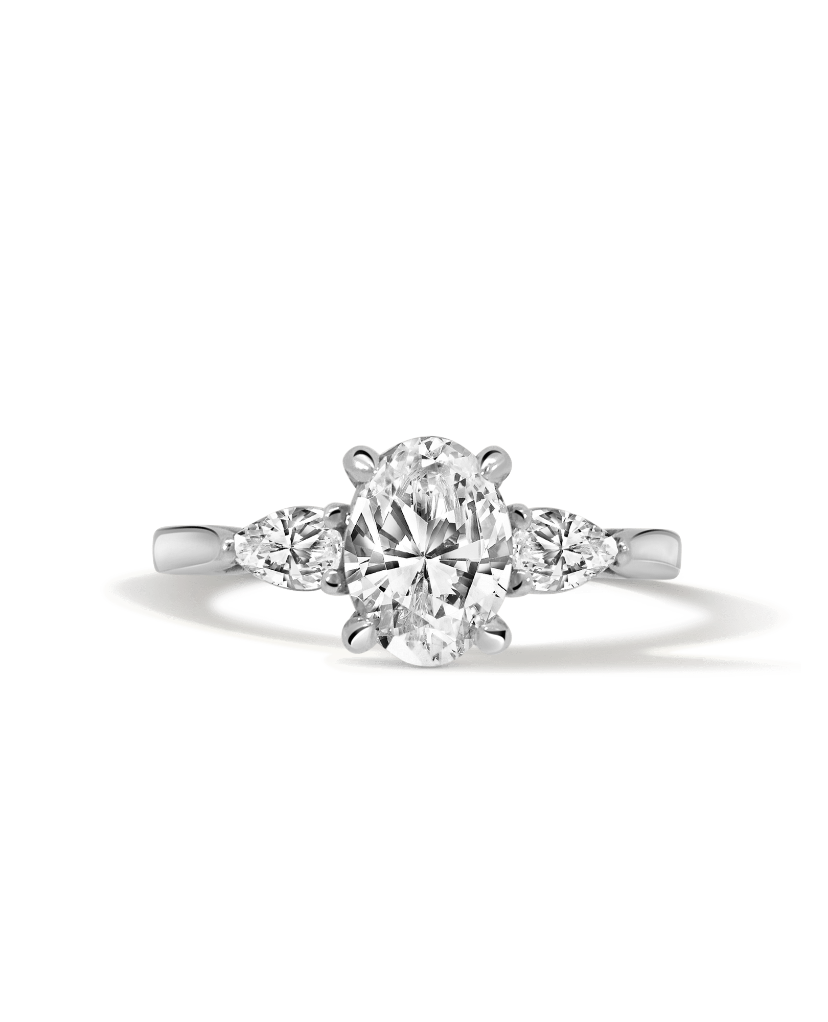 Three Stone GIA Certified Engagement Ring 1.94 Carat TW Oval & Pear Shape Diamond | 18kt White Gold & Platinum