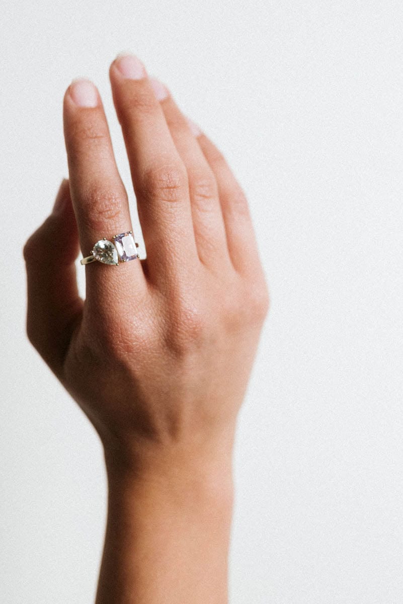 Toi et Moi Ring Pink Amethyst & Green Amethyst | 14kt Yellow Gold