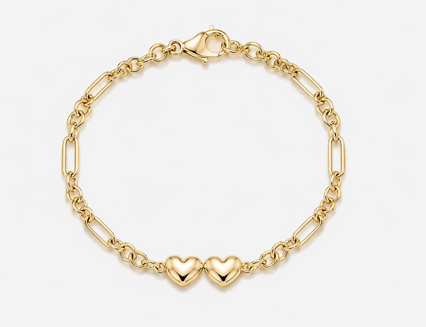 7.5" Heart, Hollow Rolo and Link Bracelet | 14kt Yellow Gold