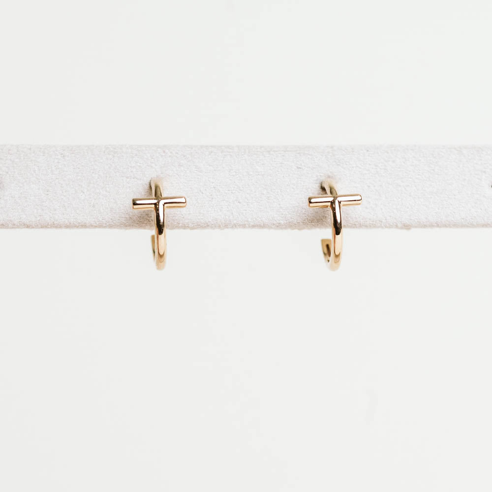 Cross Hoop Earrings - 10KT Yellow Gold