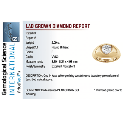 Bezel Engagement Ring 2.09 Carat Lab-grown Round Brilliant Diamond | 14kt Yellow Gold