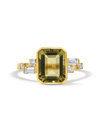 Bezel Olive Quartz Ring  & .42 Carat TW Diamond | 14kt Yellow Gold