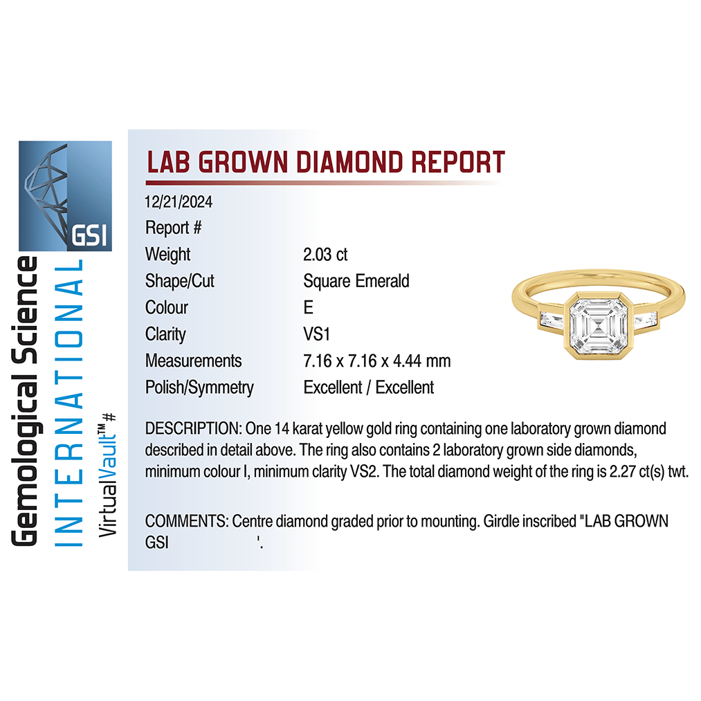 Bezel Engagement Ring 2.24 Carat TW Lab-grown Square Emerald Cut Diamond | 14kt Yellow Gold