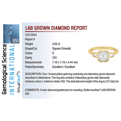 Bezel Engagement Ring 2.24 Carat TW Lab-grown Square Emerald Cut Diamond | 14kt Yellow Gold