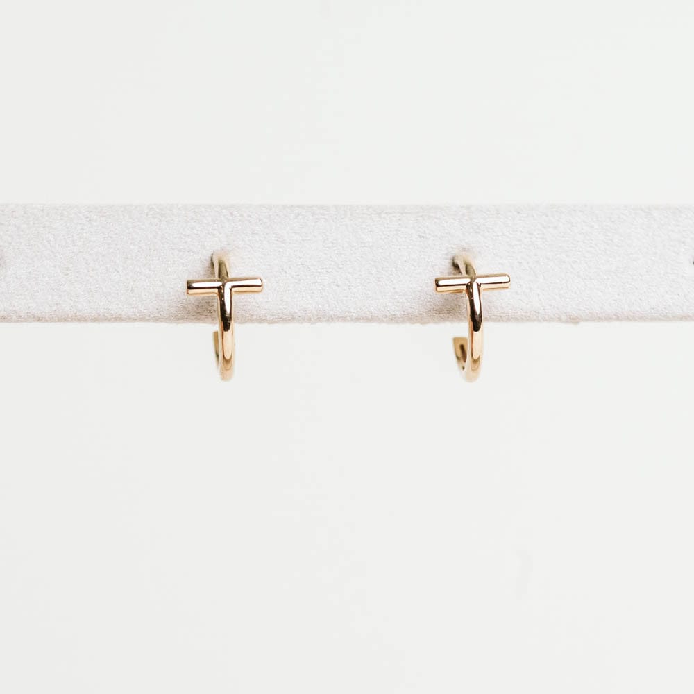 Cross Hoop Earrings - 10KT Yellow Gold