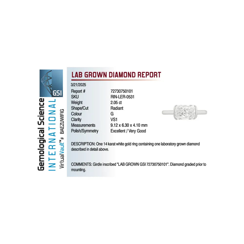 East-West Elongated Radiant Engagement Ring 2.05 Carat TW Lab-grown Diamond | 14kt White Gold