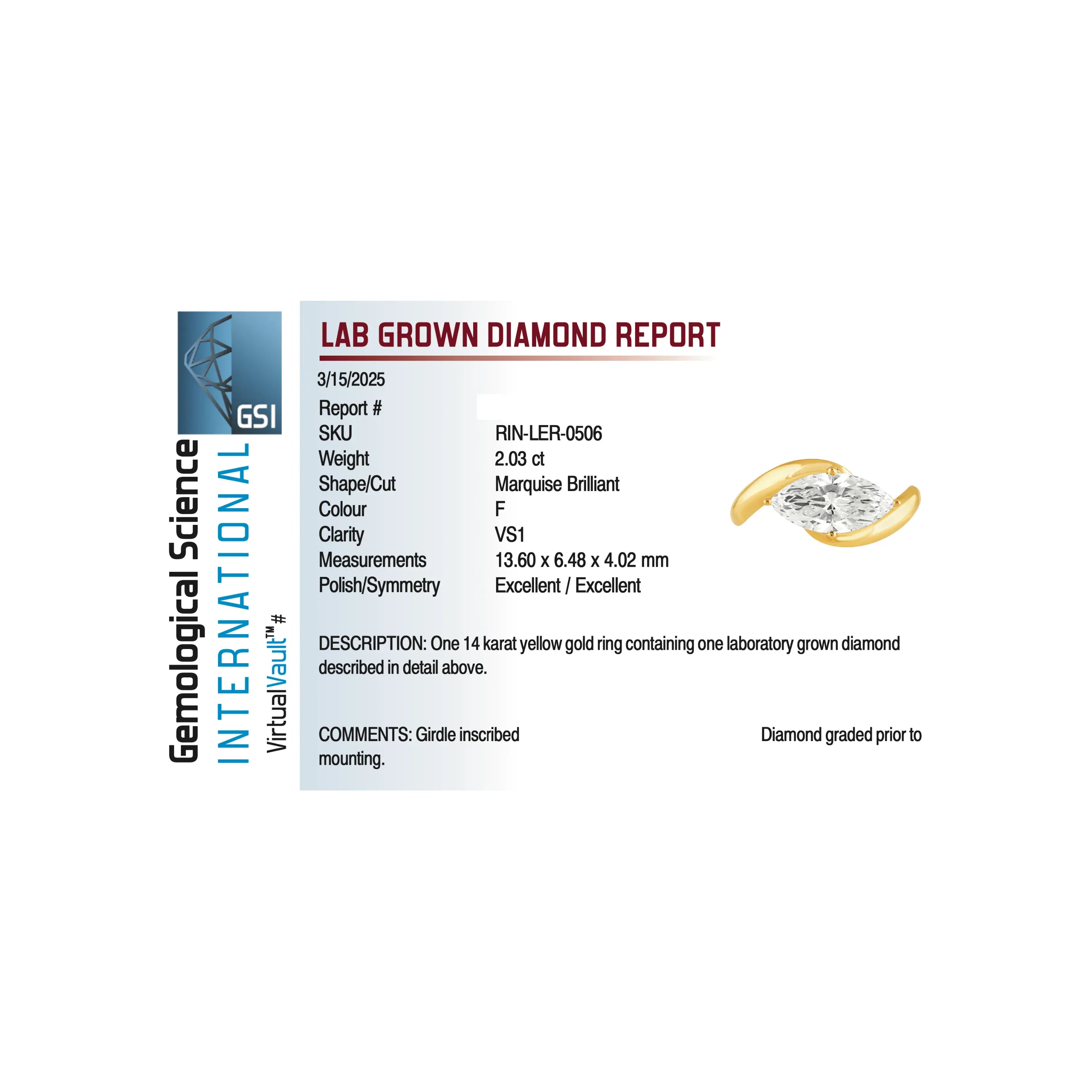 East-West Engagement Ring 2.03 Carat TW Lab-grown Marquise Diamond | 14kt Yellow Gold