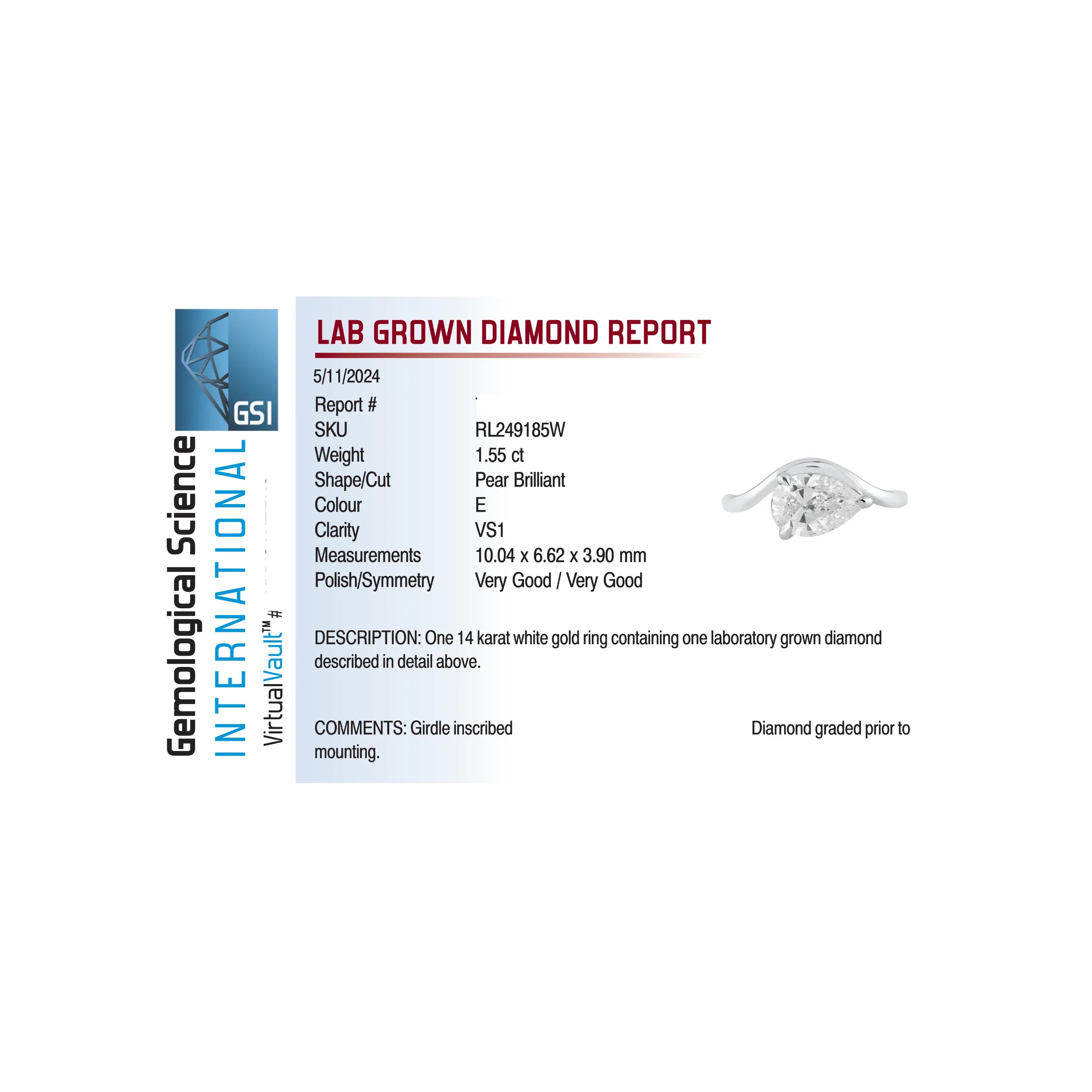 East-West Solitaire Engagement Ring 1.55 Carat Lab-grown Pear Shaped Diamond | 14kt White Gold