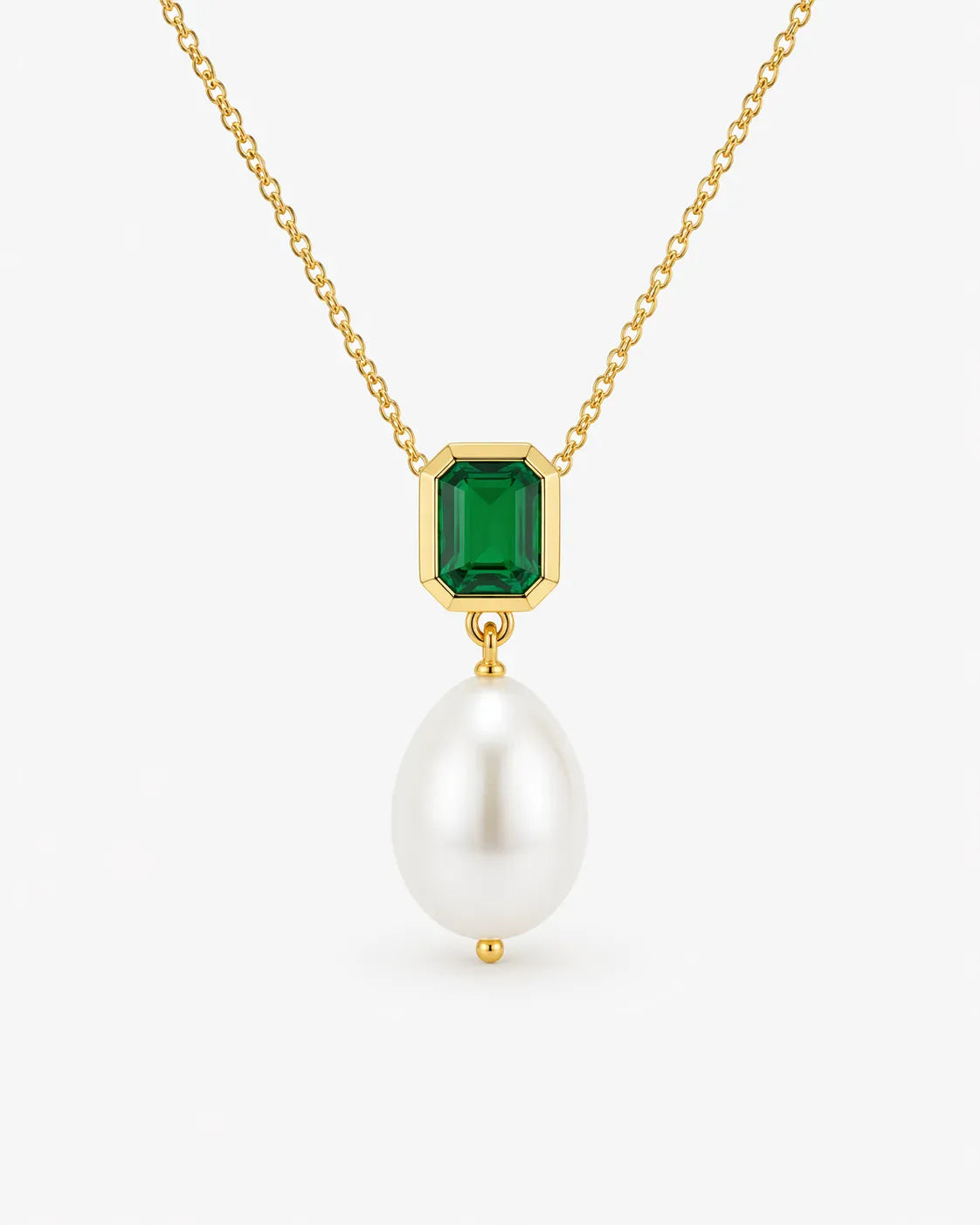 Emerald and White Freshwater Pearl Pendant with Chain | 10kt Yellow Gold