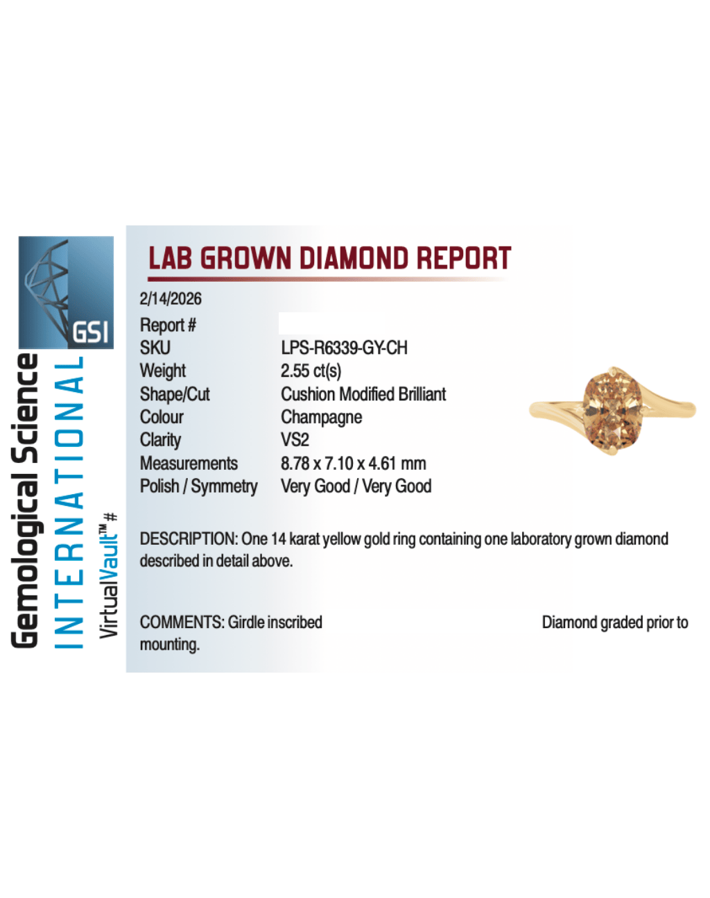 Engagement Ring 2.55 Carat TW Lab-grown Elongated Cushion Cut Champagne Diamond | 14kt Yellow Gold