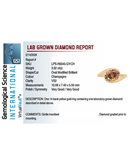 Engagement Ring 3.02 Carat TW Lab-grown Oval Champagne Diamond | 14kt Yellow Gold