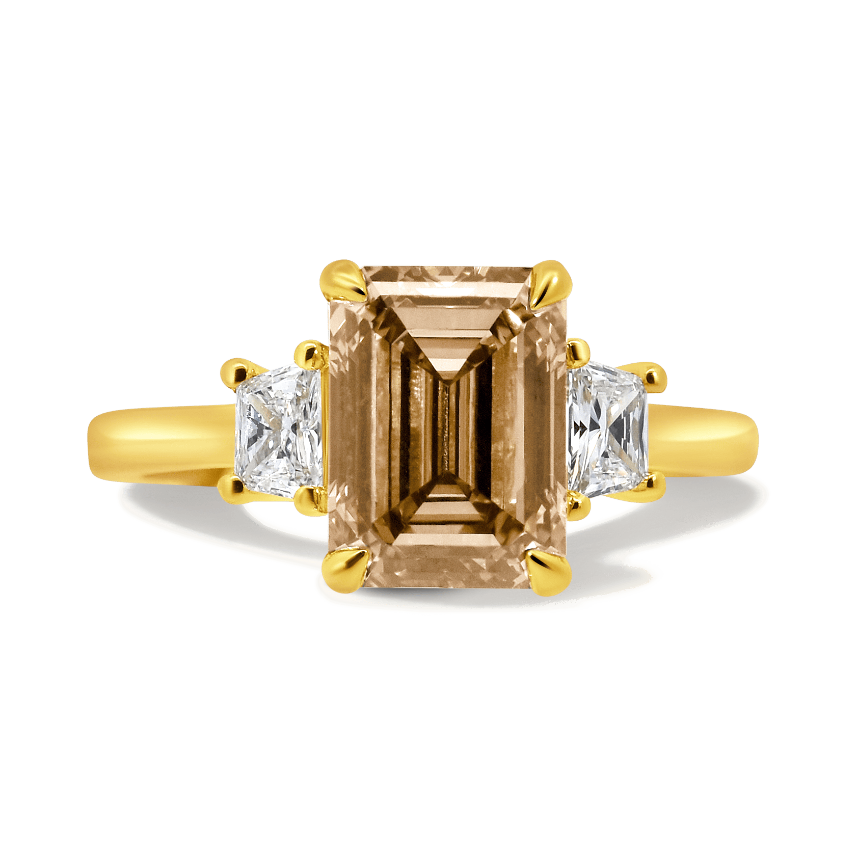 Engagement Ring 3.39 Carat TW Lab-grown Emerald Cut Champagne and Trapezoid Diamonds | 14kt Yellow Gold