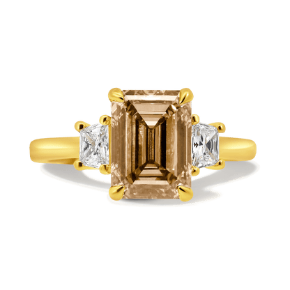 Engagement Ring 3.39 Carat TW Lab-grown Emerald Cut Champagne and Trapezoid Diamonds | 14kt Yellow Gold